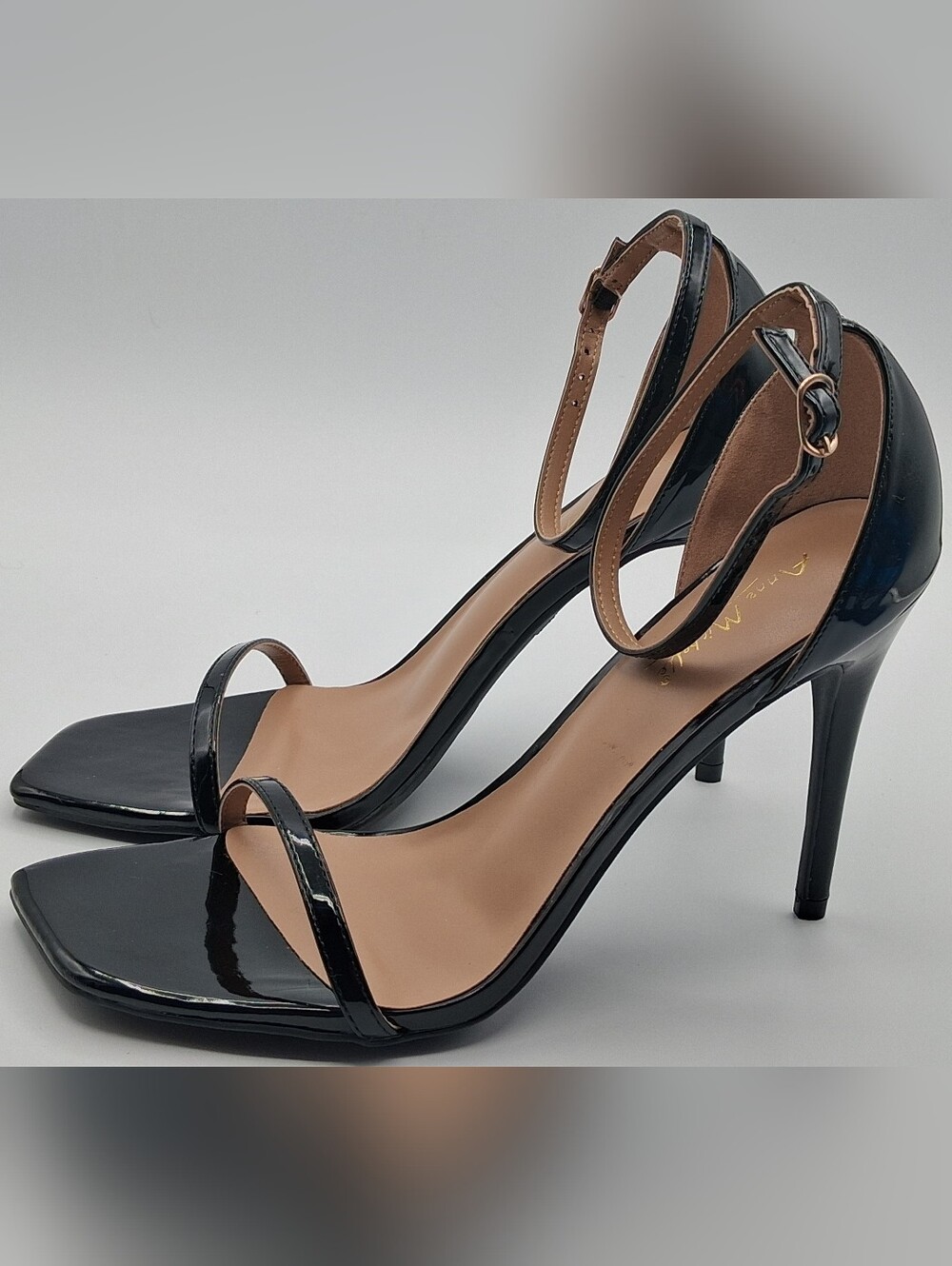 Anna Michelle Neo-1 Women's Black Patent Ankle-Strap Stiletto Sandals. Black. 10